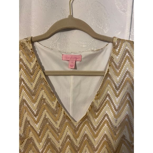Lilly Pulitzer Dress S Small Gold Stretch 3/4 Sleeve Shift Party Cruise Holiday - Picture 10 of 13